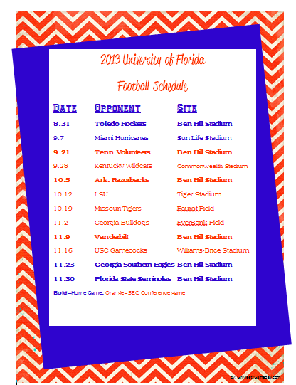 Click below for a downloadable PDF of the Gators 2013 schedule.