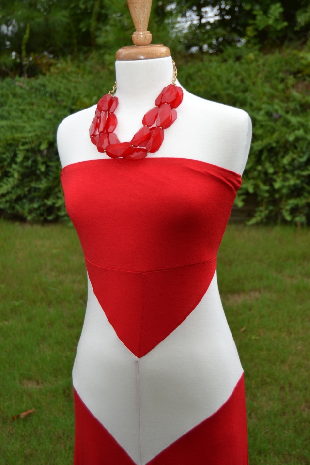 Closeup: Classic City red and white chevron maxi dress